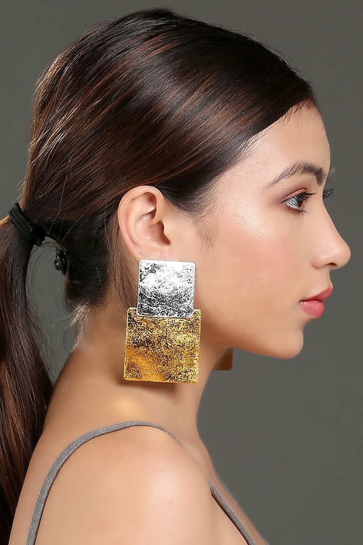 Two Tone Finish Foil Square Earrings With Zircons by Bijoux By Priya Chandna