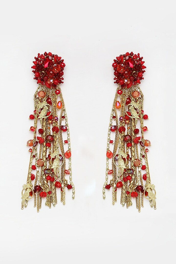 Gold Finish Red Beaded Water-Fall Earrings by Bijoux By Priya Chandna at Pernia's Pop Up Shop