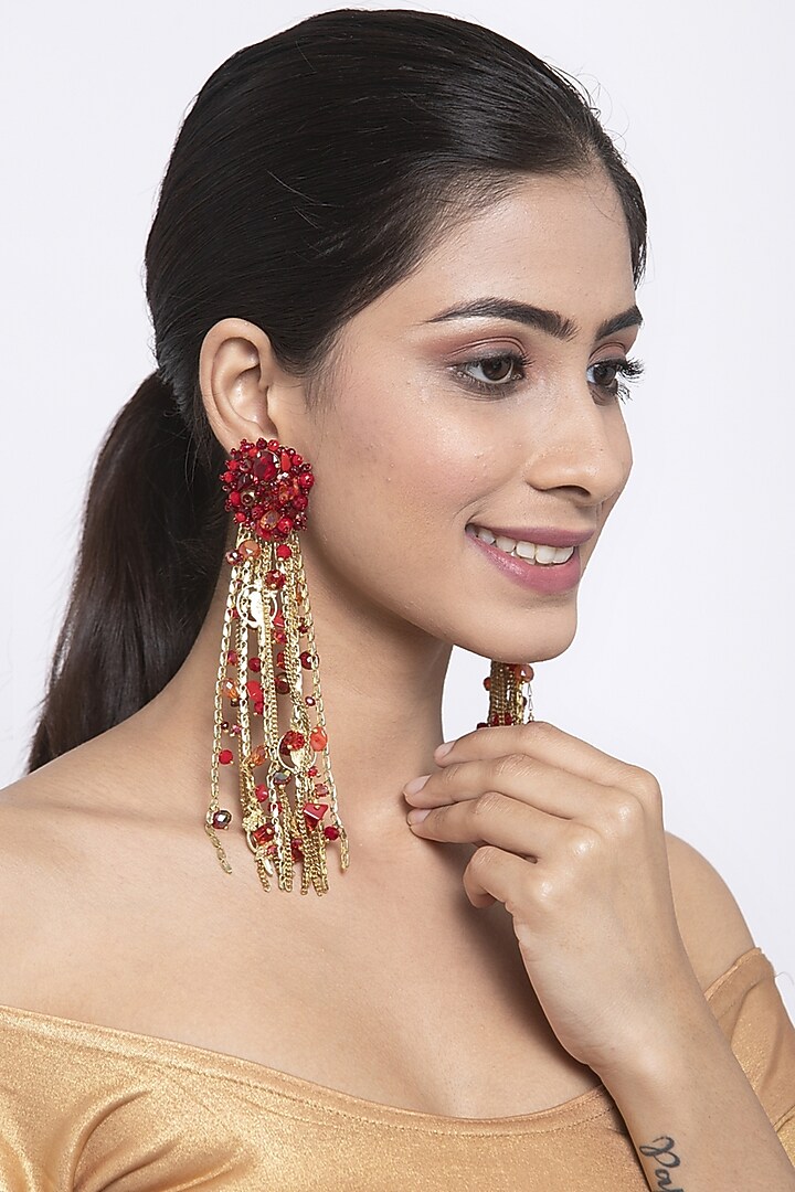 Gold Finish Red Beaded Water-Fall Earrings by Bijoux By Priya Chandna at Pernia's Pop Up Shop