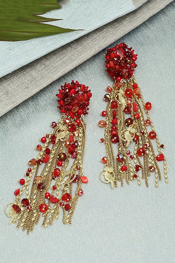 Gold Finish Red Beaded Water-Fall Earrings by Bijoux By Priya Chandna at Pernia's Pop Up Shop