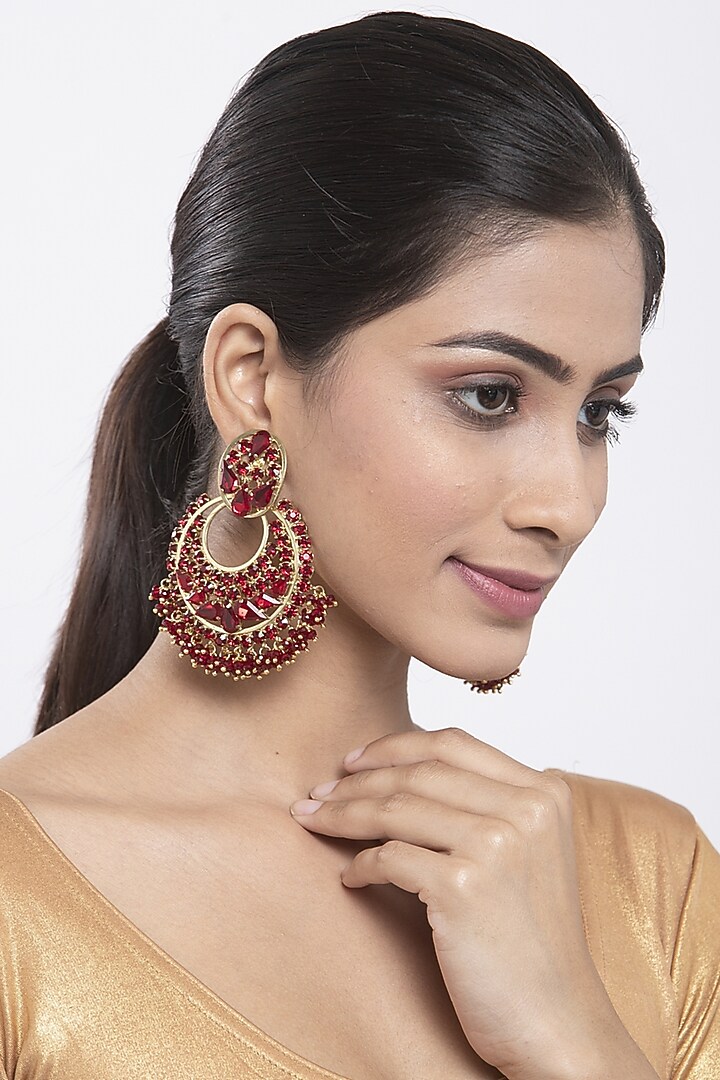 Gold Finish Chandbali Earrings With Red Beads by Bijoux By Priya Chandna at Pernia's Pop Up Shop