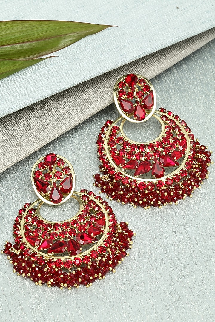 Gold Finish Chandbali Earrings With Red Beads by Bijoux By Priya Chandna at Pernia's Pop Up Shop