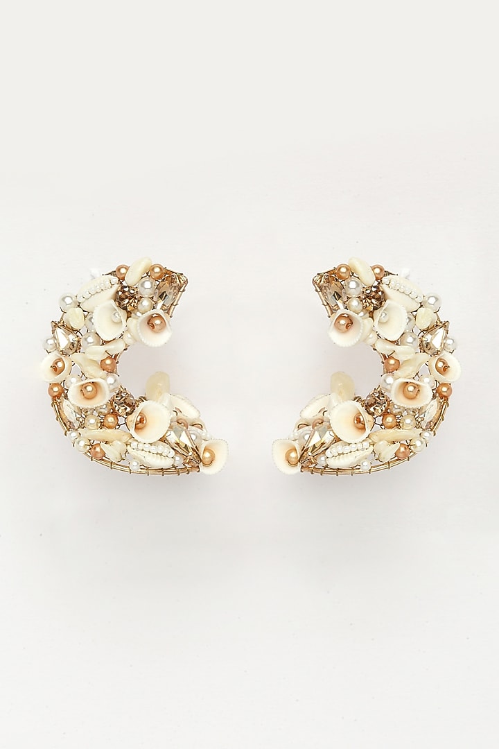 Gold Finish Wrapping Earrings With White Beads by Bijoux By Priya Chandna at Pernia's Pop Up Shop