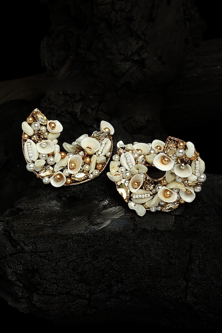 Gold Finish Wrapping Earrings With White Beads by Bijoux By Priya Chandna at Pernia's Pop Up Shop