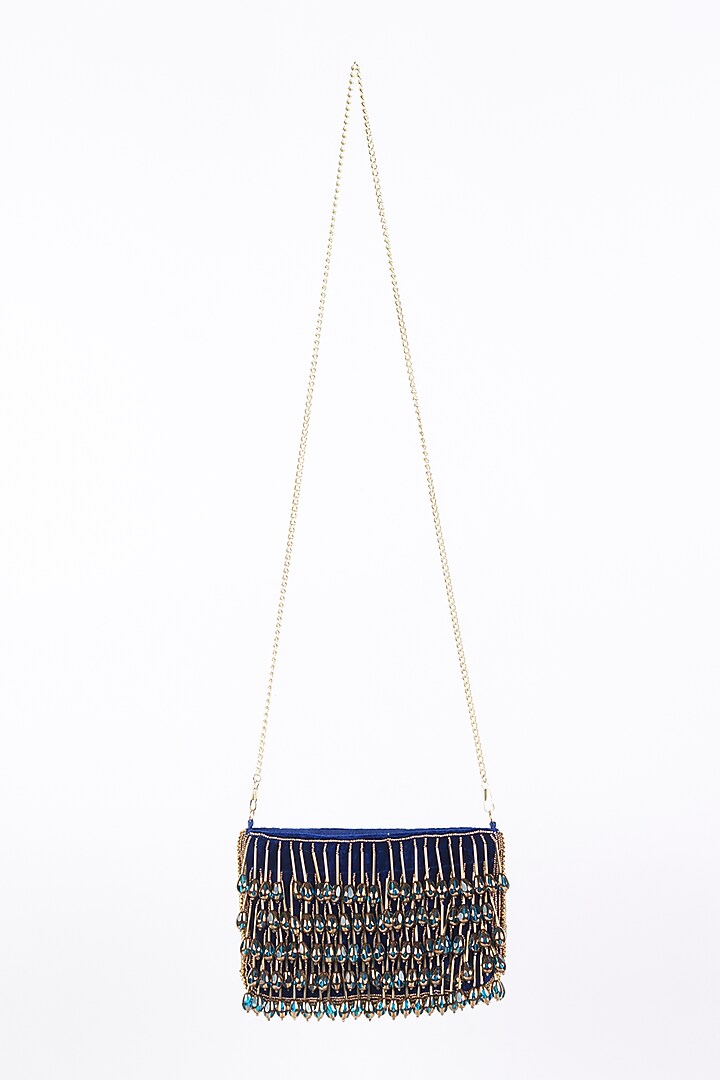 Blue Velvet Embellished Clutch by Bijoux By Priya Chandna at Pernia's Pop Up Shop