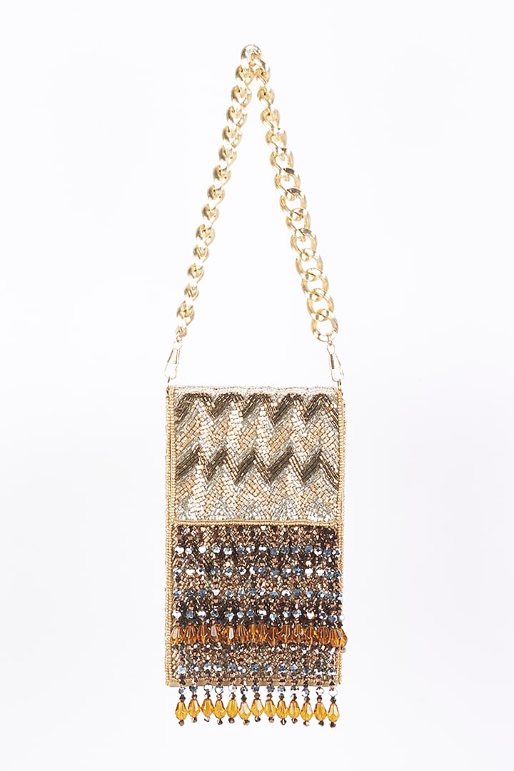 Gold Embellished Mobile Clutch by Bijoux By Priya Chandna at Pernia's Pop Up Shop