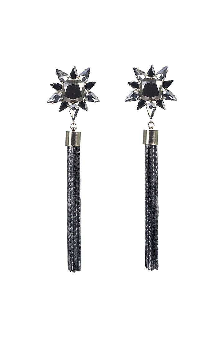 Black Rhodium Finish Crystals Tasseled Earrings by Bijoux By Priya Chandna at Pernia's Pop Up Shop
