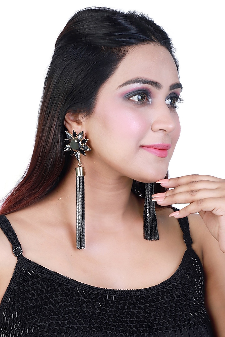 Black Rhodium Finish Crystals Tasseled Earrings by Bijoux By Priya Chandna at Pernia's Pop Up Shop