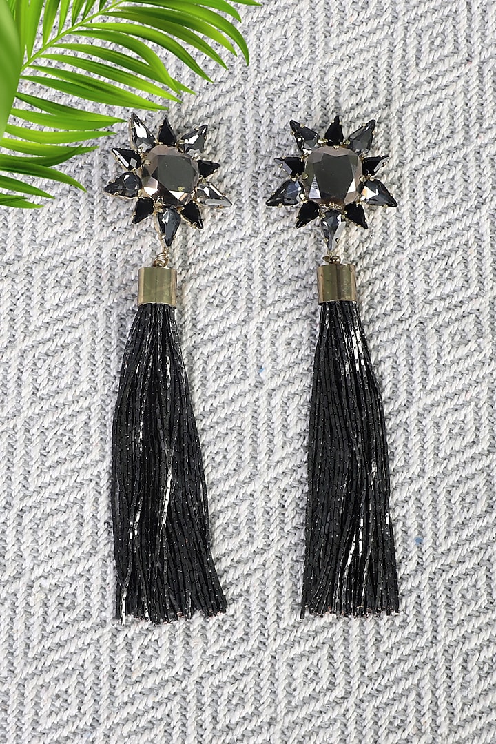 Black Rhodium Finish Crystals Tasseled Earrings by Bijoux By Priya Chandna at Pernia's Pop Up Shop