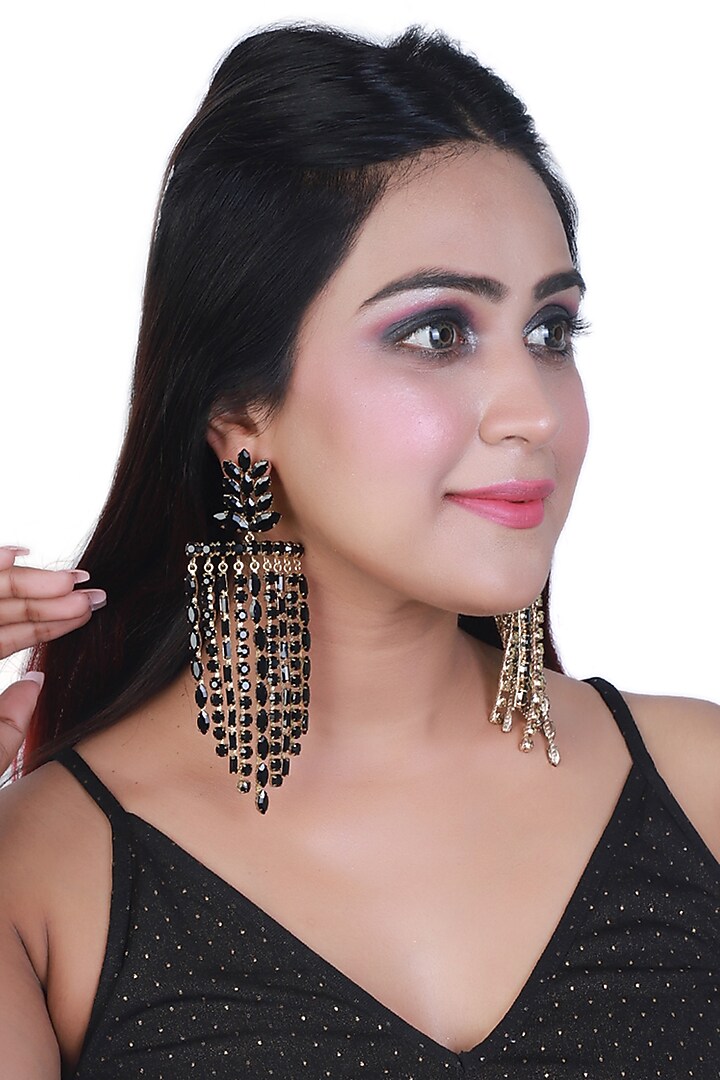 Gold Finish Zircons Waterfall Earrings by Bijoux By Priya Chandna at Pernia's Pop Up Shop
