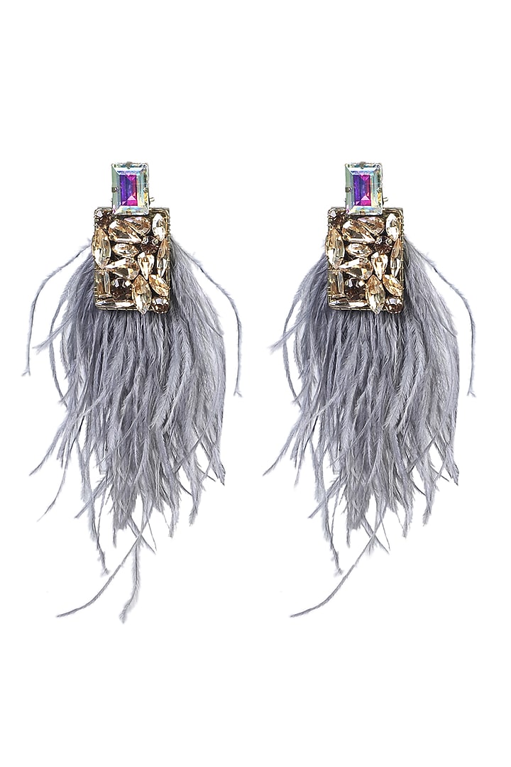 Gold Finish Crystal Feather Earrings by Bijoux By Priya Chandna at Pernia's Pop Up Shop