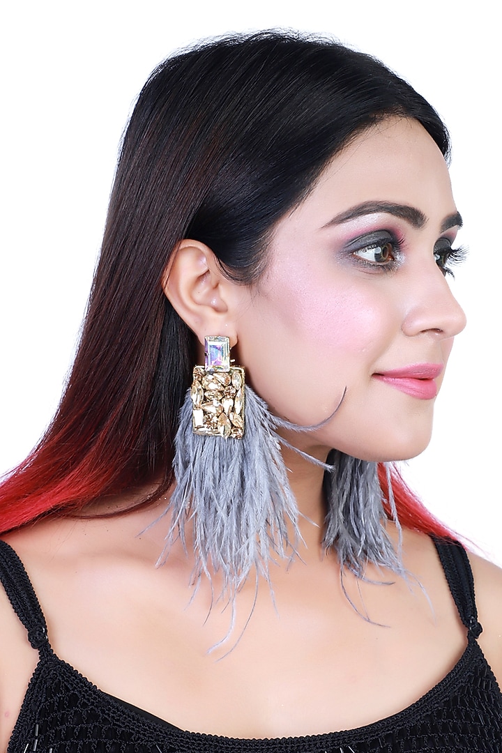Gold Finish Crystal Feather Earrings by Bijoux By Priya Chandna at Pernia's Pop Up Shop