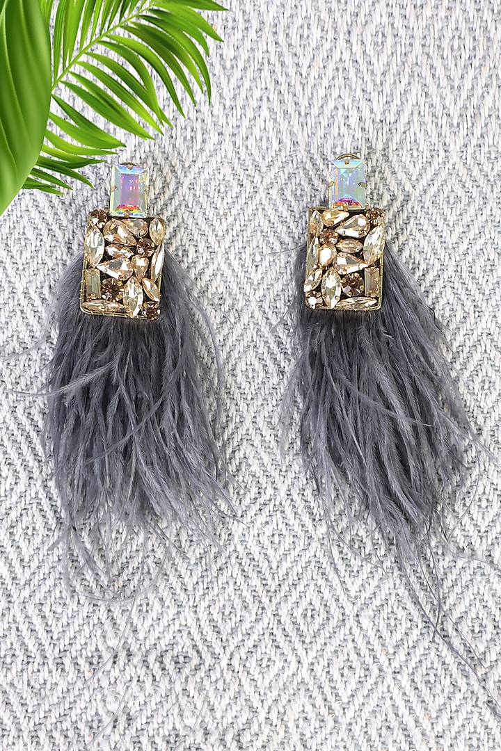 Gold Finish Crystal Feather Earrings by Bijoux By Priya Chandna at Pernia's Pop Up Shop