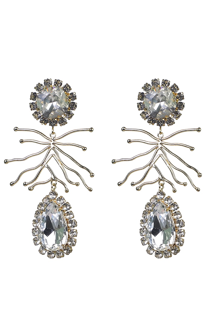 Gold Finish Crystal & Zircons Branch Earrings by Bijoux By Priya Chandna at Pernia's Pop Up Shop