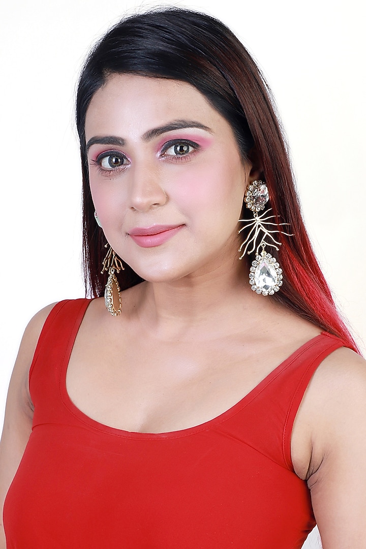 Gold Finish Crystal & Zircons Branch Earrings by Bijoux By Priya Chandna at Pernia's Pop Up Shop