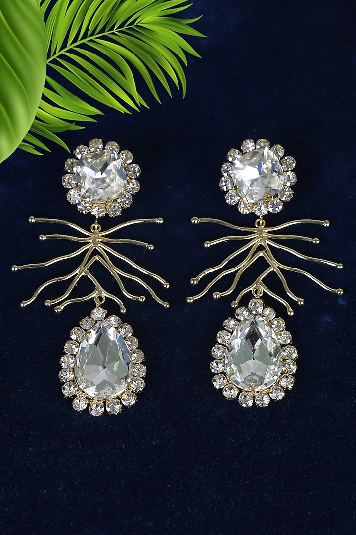 Gold Finish Crystal & Zircons Branch Earrings by Bijoux By Priya Chandna at Pernia's Pop Up Shop