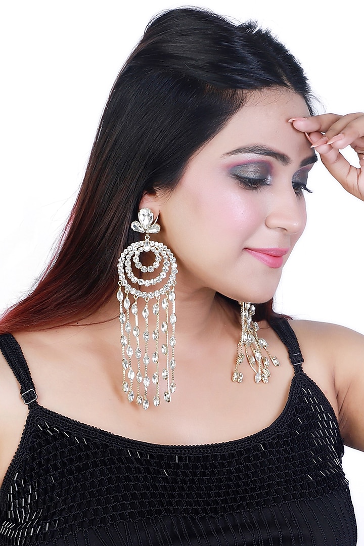 Gold Finish Crystal Waterfall Jhumka Earrings by Bijoux By Priya Chandna at Pernia's Pop Up Shop