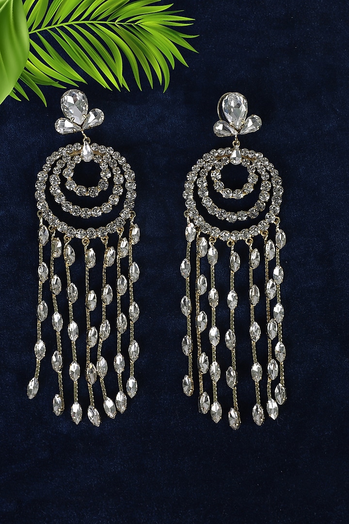 Gold Finish Crystal Waterfall Jhumka Earrings by Bijoux By Priya Chandna at Pernia's Pop Up Shop