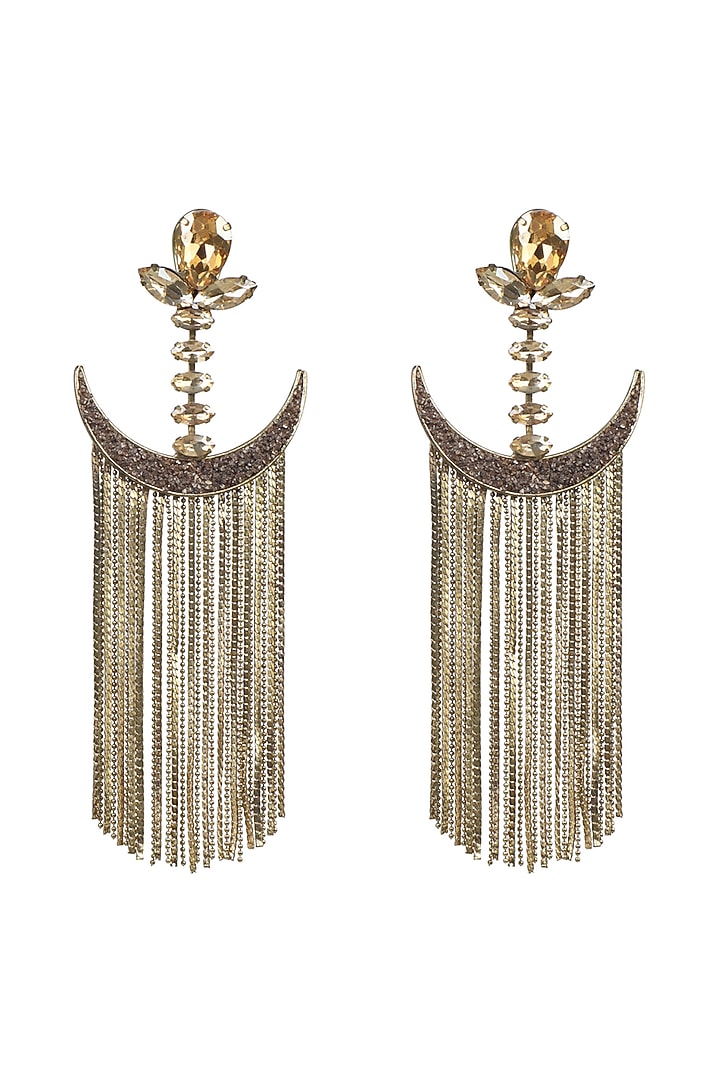 Gold Finish Crystal Chain Taselled Earrings by Bijoux By Priya Chandna at Pernia's Pop Up Shop