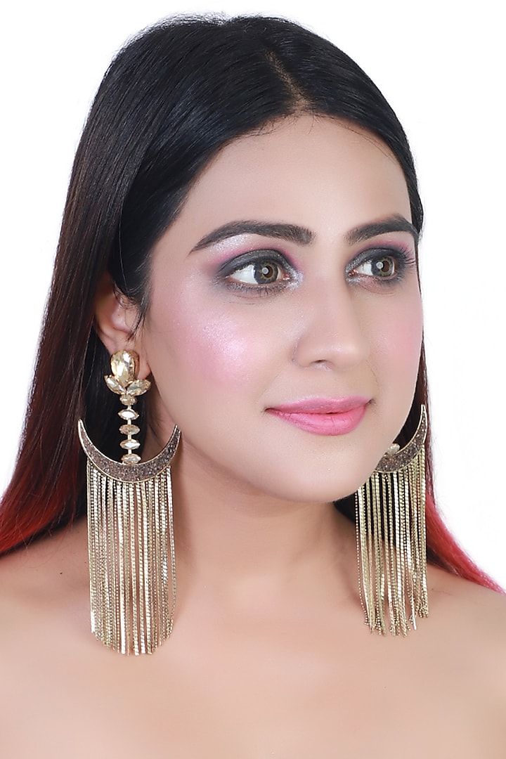 Gold Finish Crystal Chain Taselled Earrings by Bijoux By Priya Chandna at Pernia's Pop Up Shop