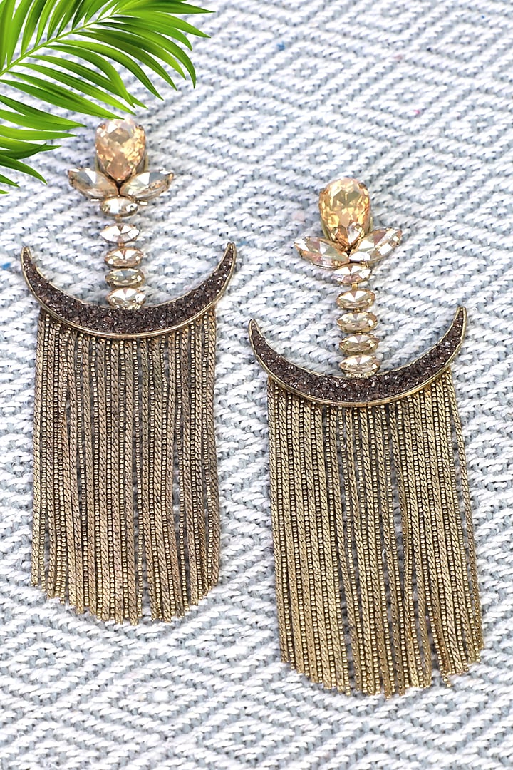 Gold Finish Crystal Chain Taselled Earrings by Bijoux By Priya Chandna at Pernia's Pop Up Shop