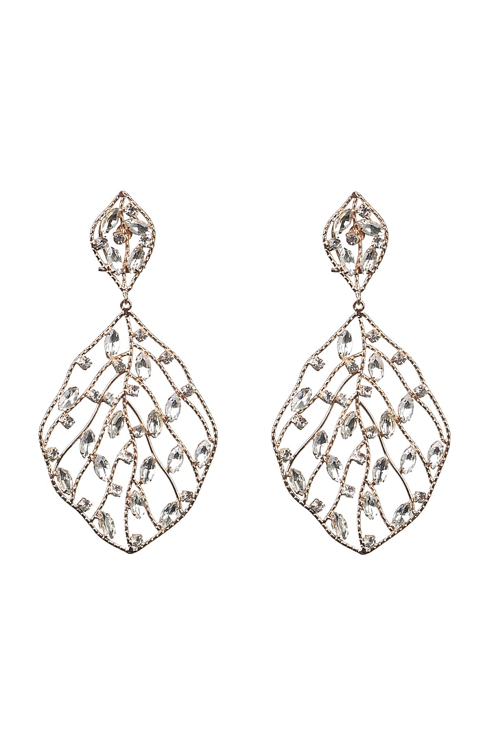 Rose Gold Finish Crystal Leaf Earrings by Bijoux By Priya Chandna at Pernia's Pop Up Shop
