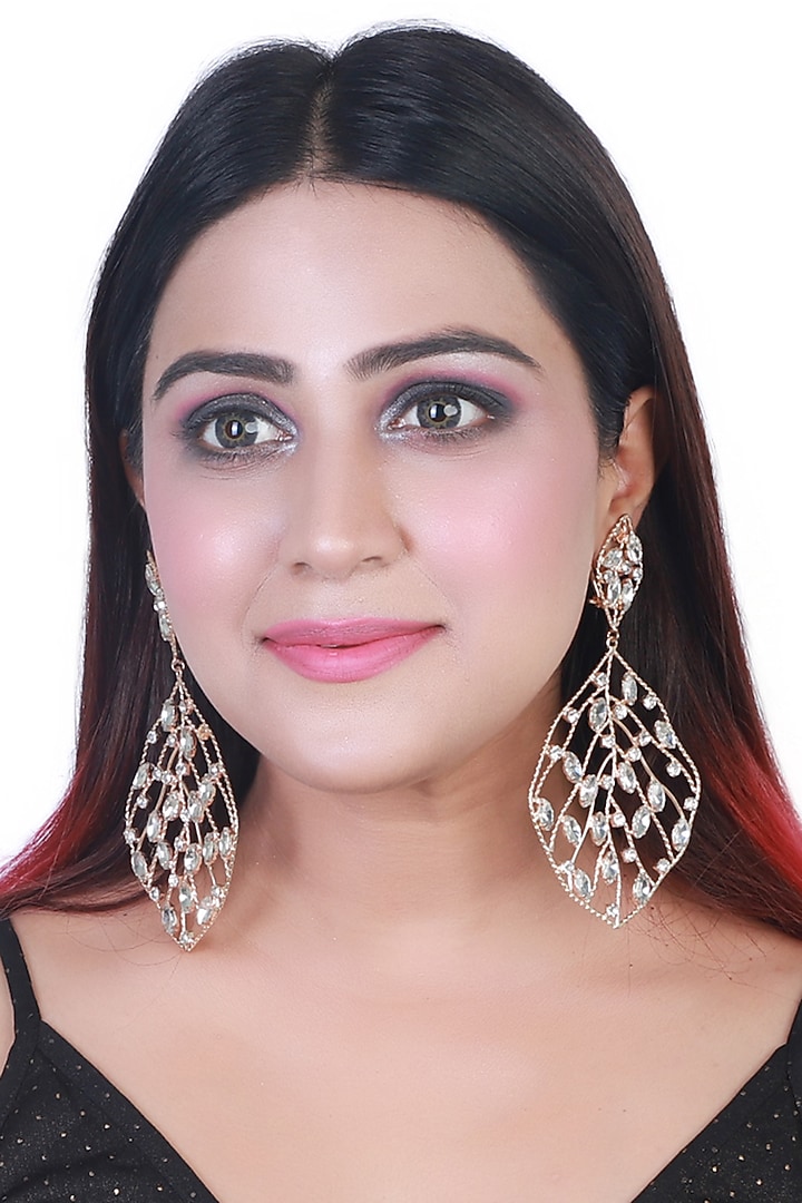 Rose Gold Finish Crystal Leaf Earrings by Bijoux By Priya Chandna at Pernia's Pop Up Shop
