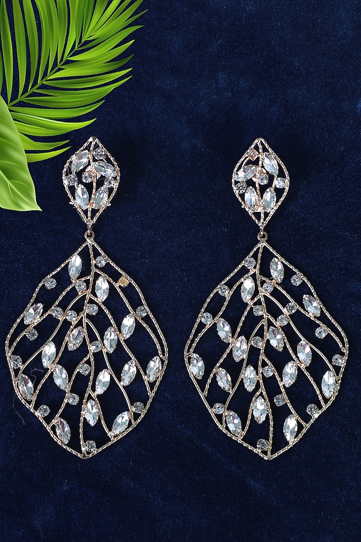 Rose Gold Finish Crystal Leaf Earrings by Bijoux By Priya Chandna at Pernia's Pop Up Shop