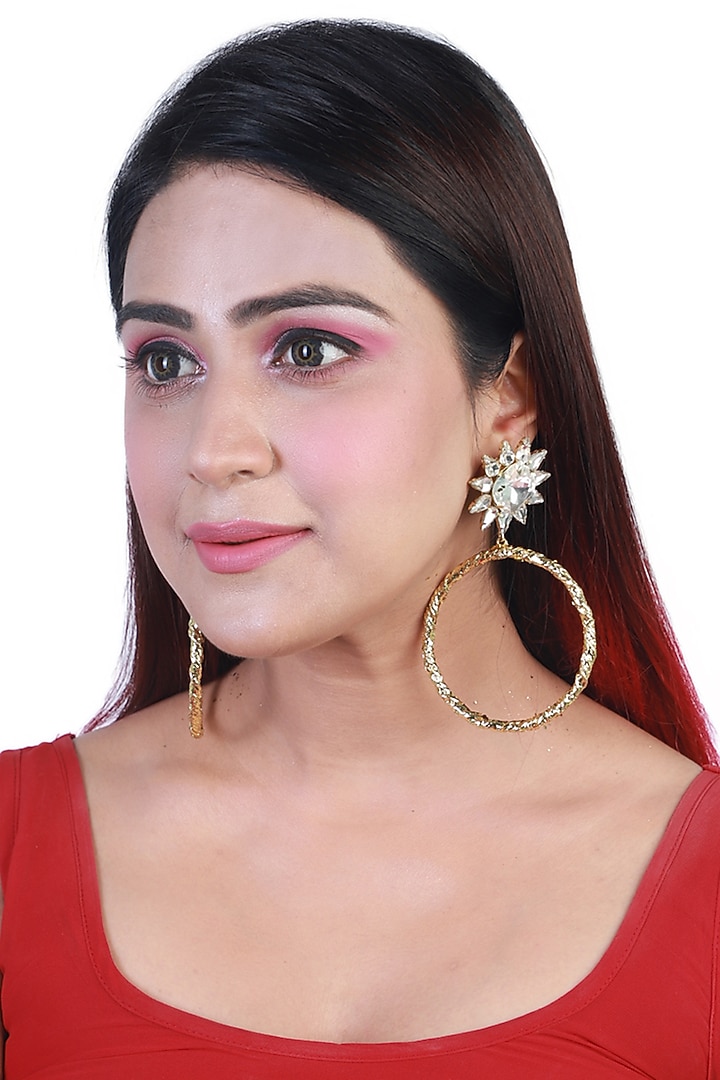 Gold Finish Crystal Hoop Earrings by Bijoux By Priya Chandna at Pernia's Pop Up Shop