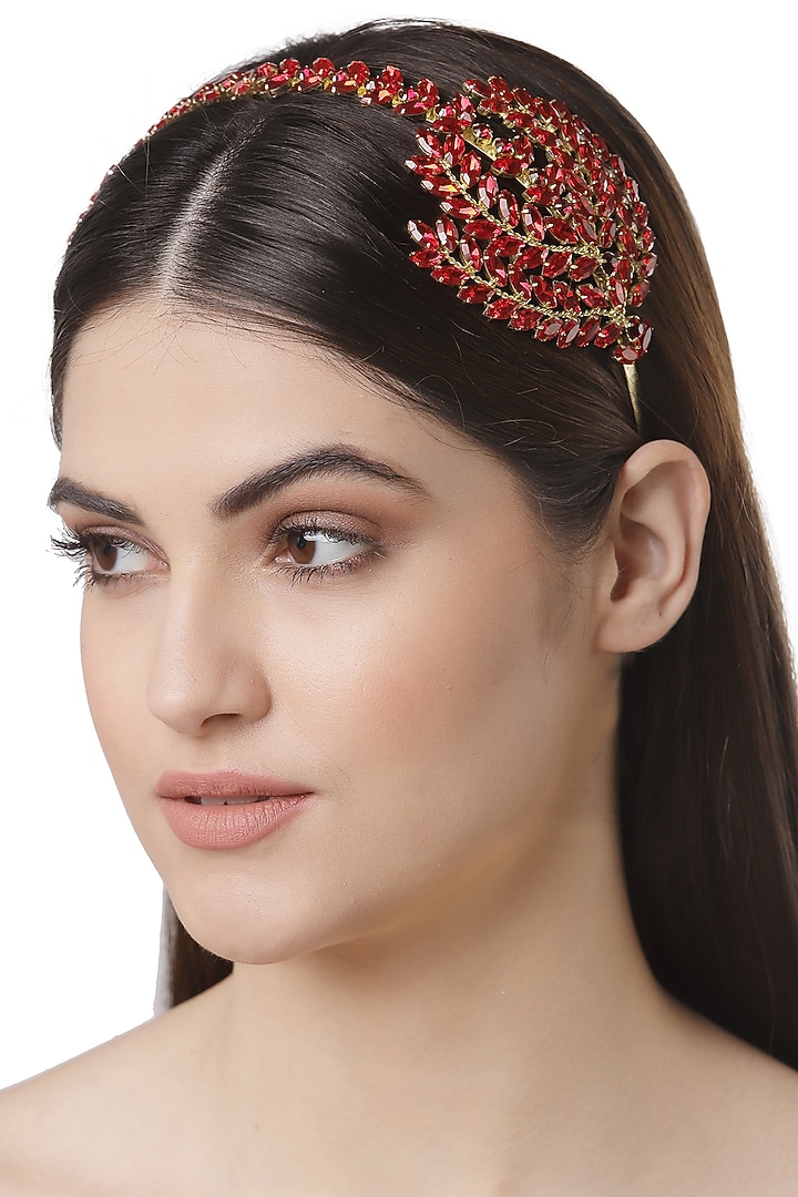 Gold Finish Red Crystal Hairband by Bijoux By Priya Chandna at Pernia's Pop Up Shop