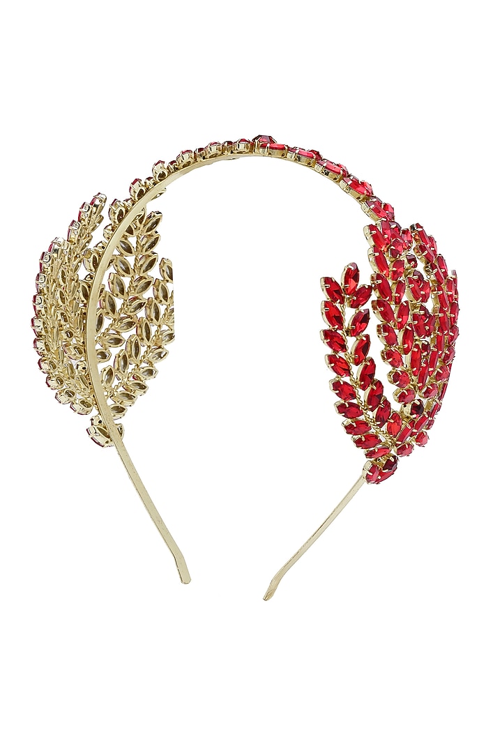 Gold Finish Red Crystal Hairband by Bijoux By Priya Chandna at Pernia's Pop Up Shop