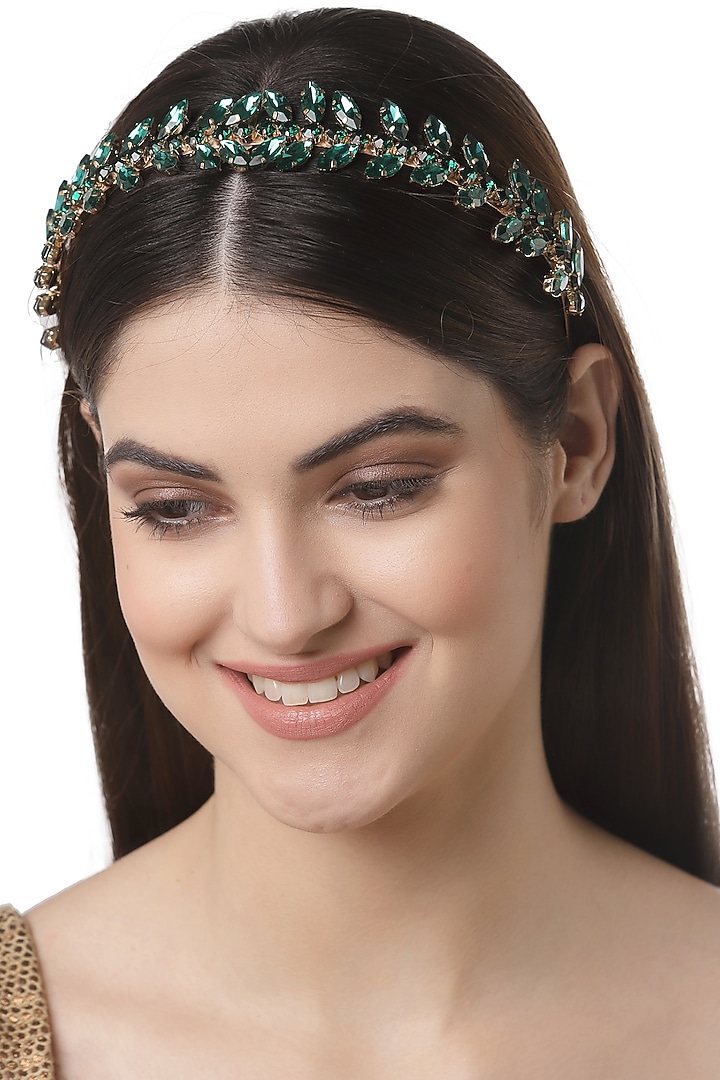 Rose Gold Finish Emerald Crystal Hairband by Bijoux By Priya Chandna at Pernia's Pop Up Shop
