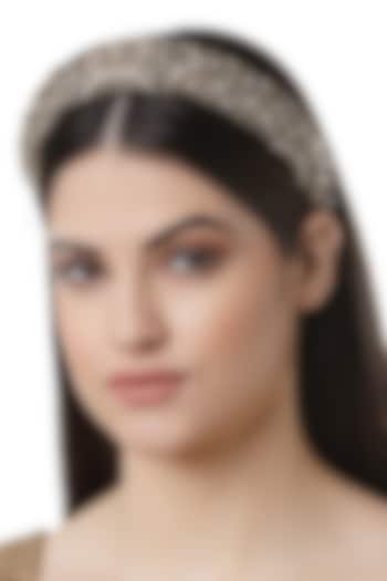 Gold & White Velvet Hand Embroidered Hairband by Bijoux By Priya Chandna at Pernia's Pop Up Shop