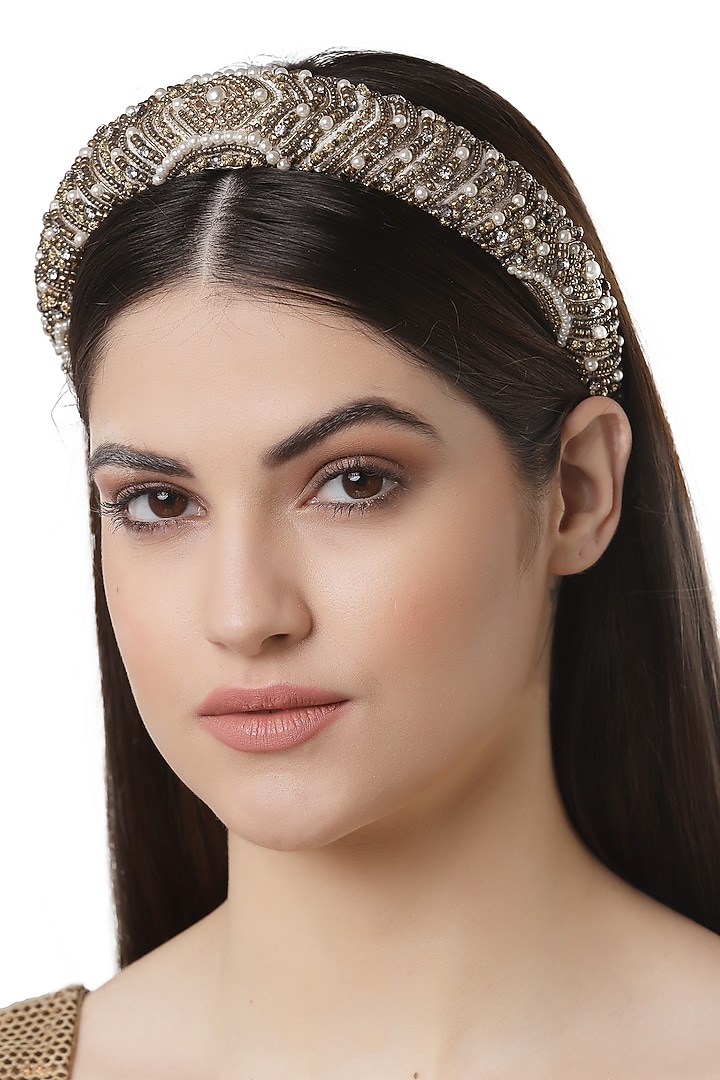 Gold & White Velvet Hand Embroidered Hairband by Bijoux By Priya Chandna at Pernia's Pop Up Shop