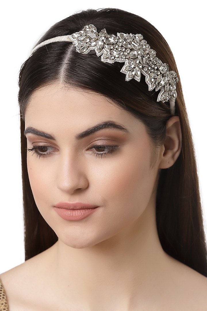 White Velvet Embroidered Hairband by Bijoux By Priya Chandna at Pernia's Pop Up Shop