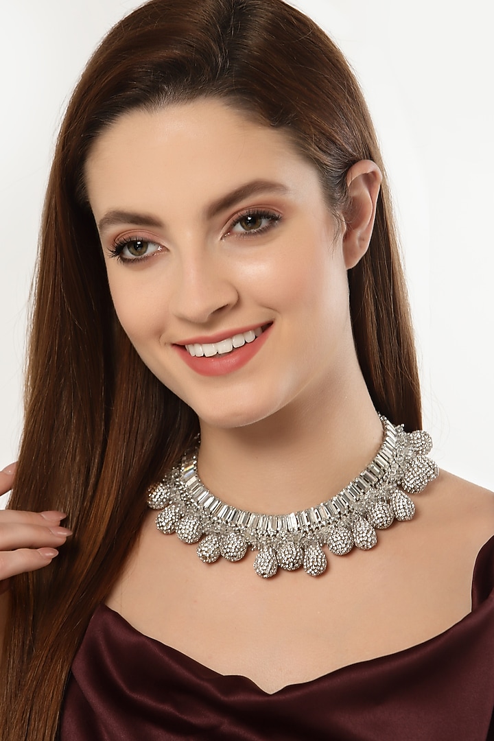 Silver Finish Crystal Necklace by Bijoux By Priya Chandna at Pernia's Pop Up Shop