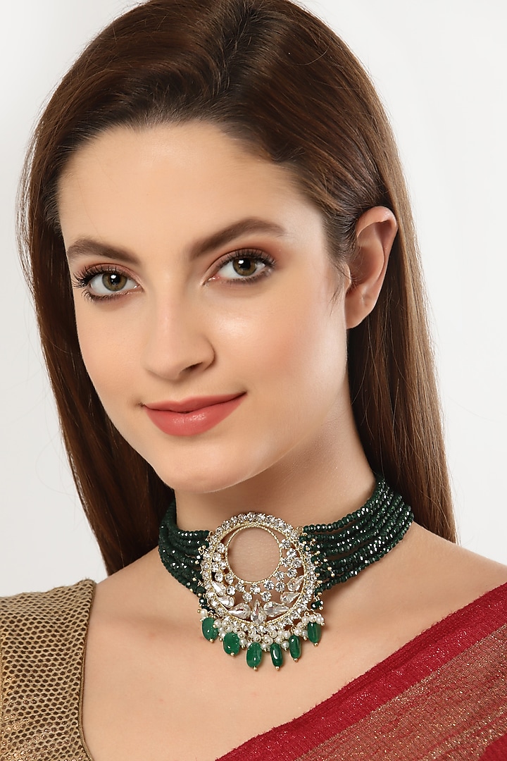 Gold Finish Green Semi-Precious Stone & Crystal Choker Necklace by Bijoux By Priya Chandna at Pernia's Pop Up Shop