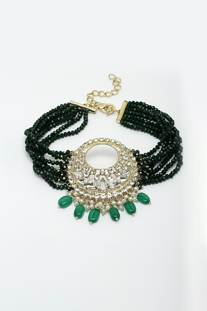 Gold Finish Green Semi-Precious Stone & Crystal Choker Necklace by Bijoux By Priya Chandna at Pernia's Pop Up Shop