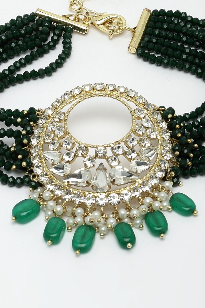 Gold Finish Green Semi-Precious Stone & Crystal Choker Necklace by Bijoux By Priya Chandna at Pernia's Pop Up Shop