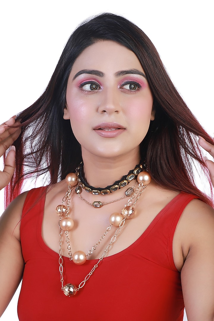 Copper Pearl & Crystal Beaded Layered Necklace by Bijoux By Priya Chandna at Pernia's Pop Up Shop