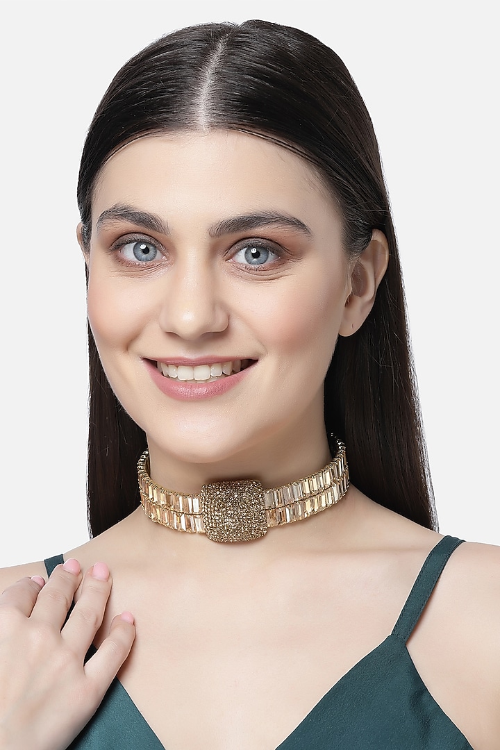Gold Finish Stone Choker Necklace by Bijoux By Priya Chandna at Pernia's Pop Up Shop