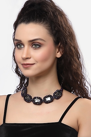 Purple Beaded & Crystal Choker Necklace by Bijoux By Priya Chandna