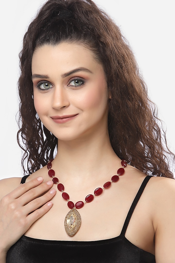 Gold & Red Semi-Precious Stone Pendant Necklace by Bijoux By Priya Chandna at Pernia's Pop Up Shop