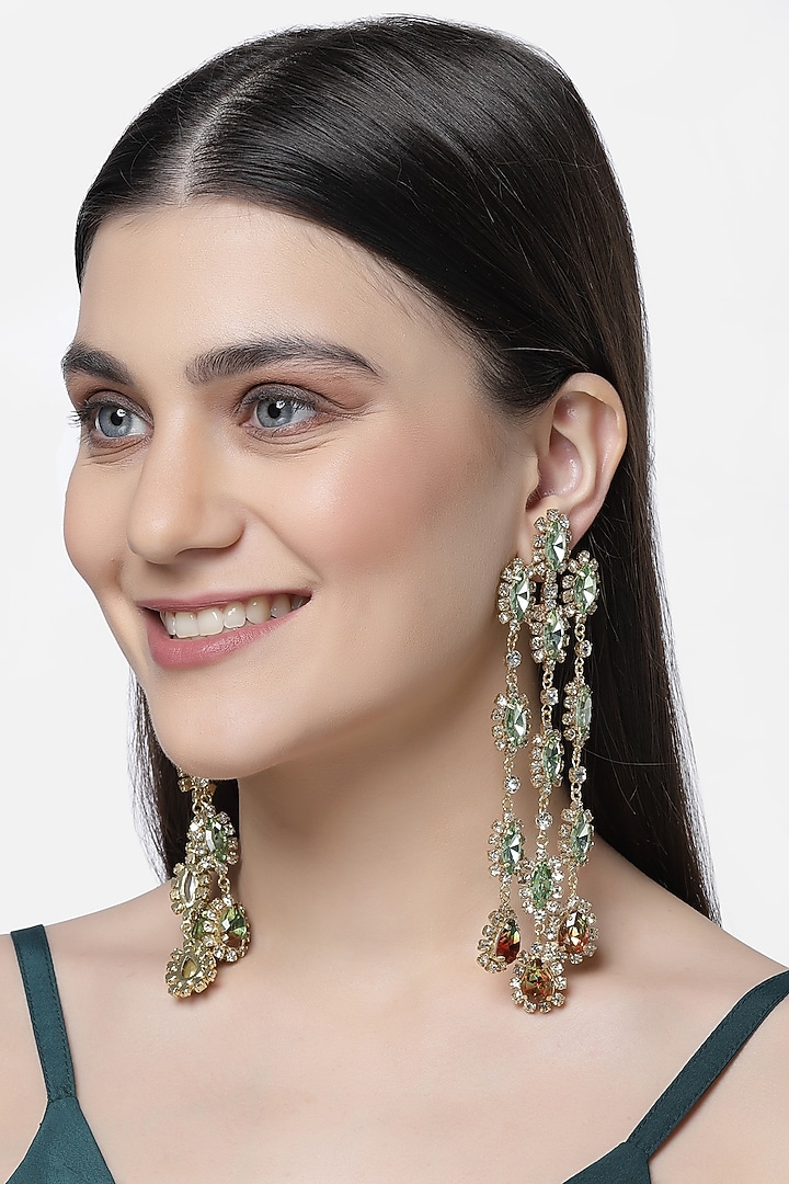 Gold Finish Crystal Dangler Earrings by Bijoux By Priya Chandna at Pernia's Pop Up Shop