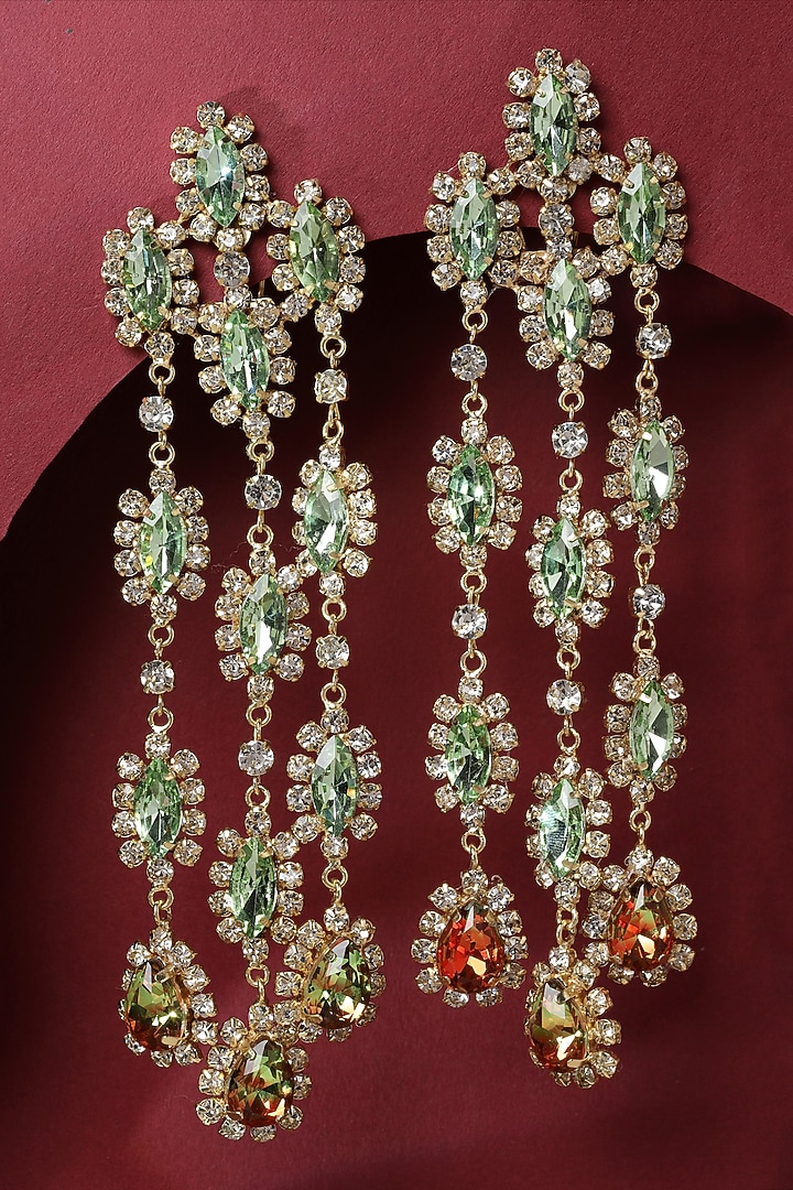 Gold Finish Crystal Dangler Earrings by Bijoux By Priya Chandna at Pernia's Pop Up Shop