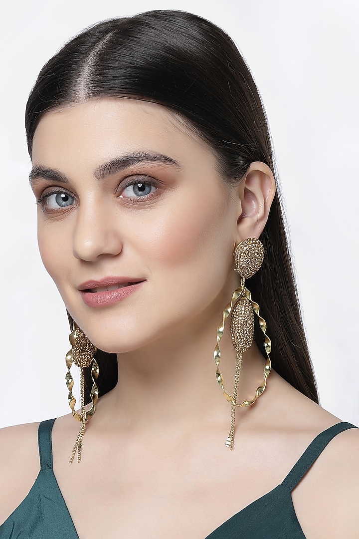 Gold Finish Crystal Dangler Earrings by Bijoux By Priya Chandna at Pernia's Pop Up Shop