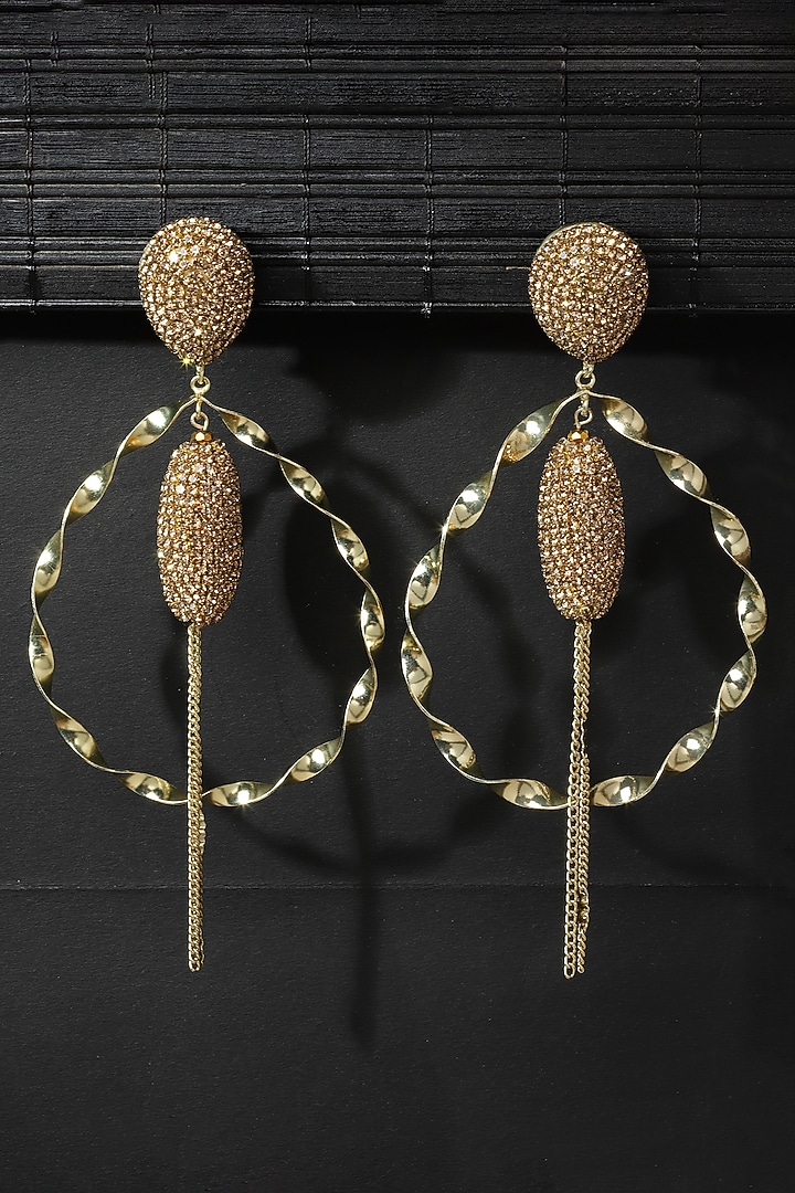 Gold Finish Crystal Dangler Earrings by Bijoux By Priya Chandna at Pernia's Pop Up Shop