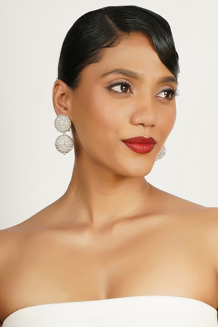 Gold Finish Crystal Dangler Earrings by Bijoux By Priya Chandna at Pernia's Pop Up Shop