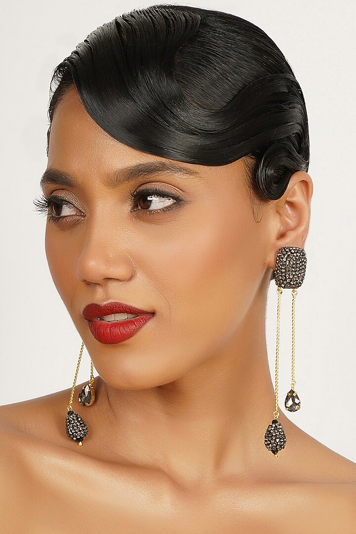 Gold Finish Crystal Dangler Earrings by Bijoux By Priya Chandna at Pernia's Pop Up Shop