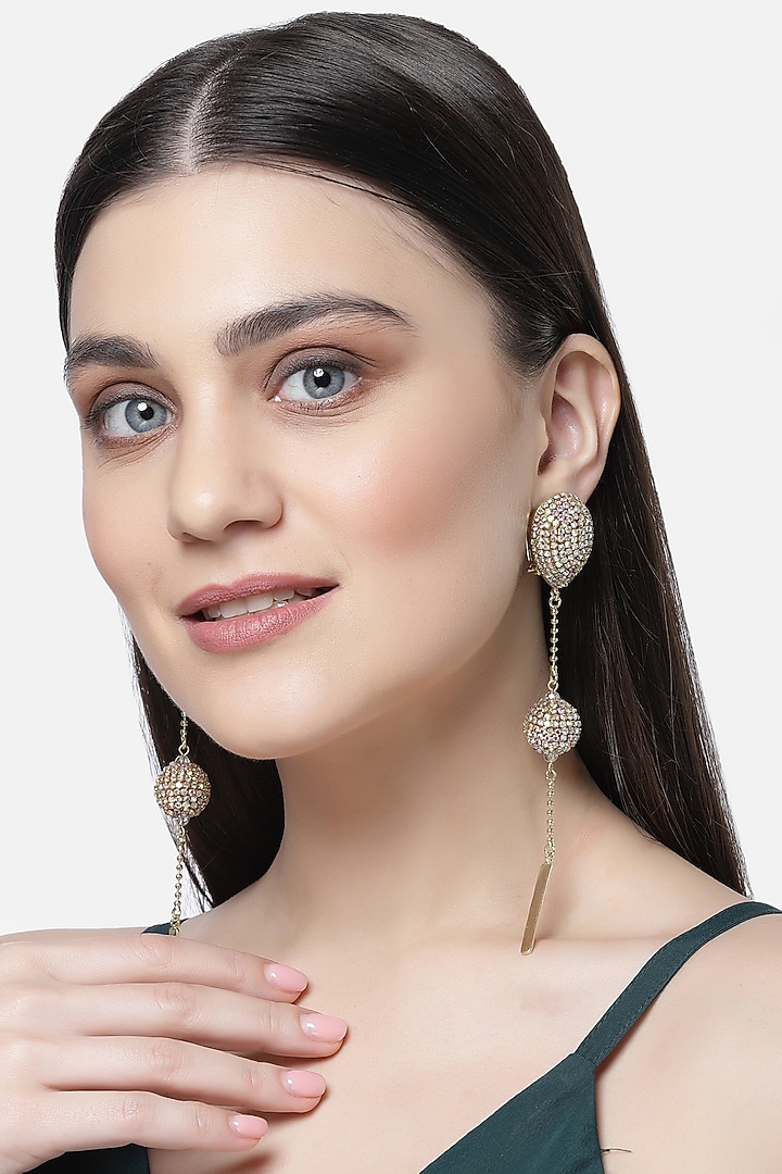 Gold Finish Crystal Dangler Earrings by Bijoux By Priya Chandna at Pernia's Pop Up Shop